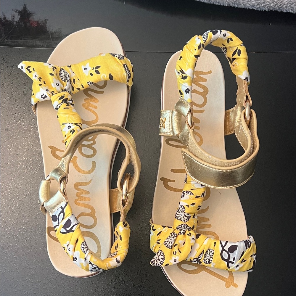 Sam Edelman Yellow Floral Wrap Sandals with Gold Straps